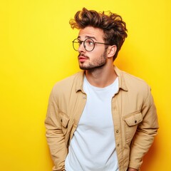 Fototapeta premium Young man poses against bright yellow backdrop