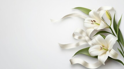 Fototapeta premium Elegant White Lily Flowers with Satin Ribbon on Soft Background