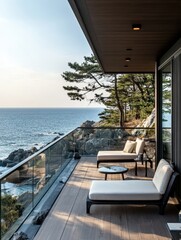 The modern deck area overlooks the vast ocean views