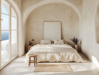 A white bed with a white pillow and a white blanket. A vase with purple flowers on the bed. A wooden stool next to the bed. A white framed picture on the wall. A window with a view of the ocean