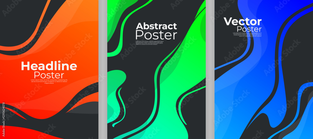 Poster set of abstract fluid wave posters with gradient colors on dark backdrop. modern vector design in re