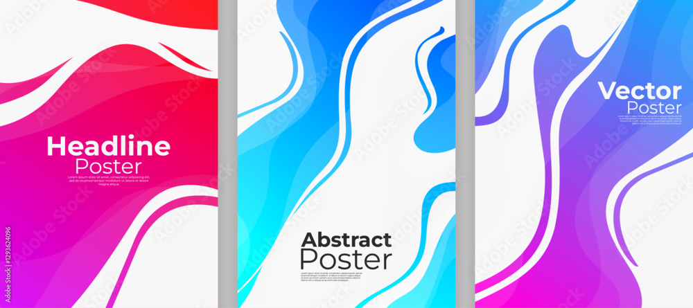 Poster set of abstract fluid wave posters with gradient colors. modern vector design in red, blue, and purp