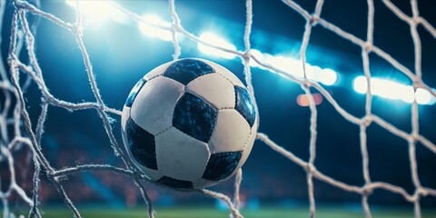 Soccer Ball in Goal Net with Bright Stadium Lights Background.