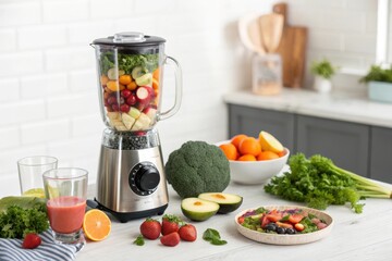 Fresh Ingredients and Blender on Kitchen Counter for Healthy Smoothie Preparation