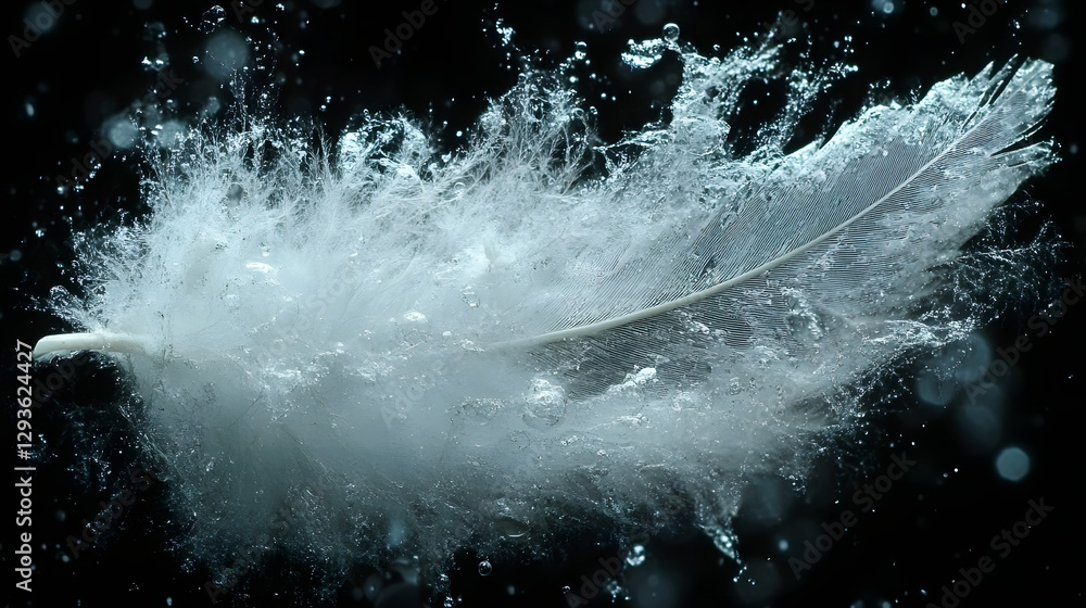 Poster feather in water: capture the ethereal beauty of a delicate feather suspended mid-splash, interactin