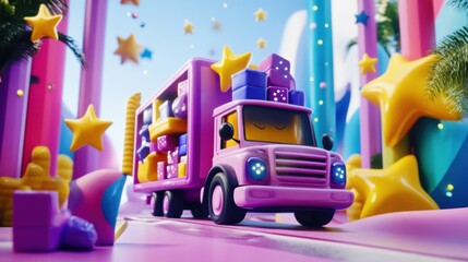Colorful toy truck delivering vibrant building blocks in a whimsical landscape filled with stars, palm trees, and playful elements for creative playtime scenes
