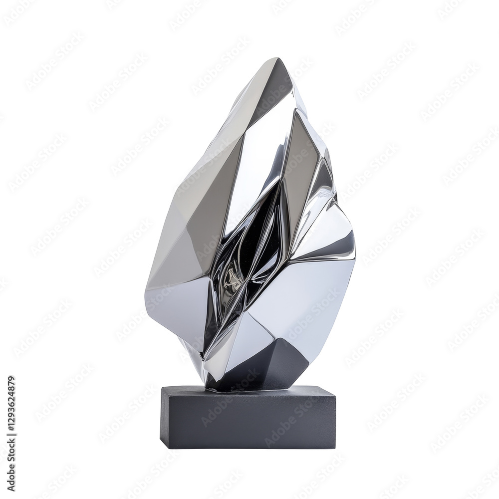 Aufkleber shiny metallic abstract sculpture with angular geometric design on a solid black base