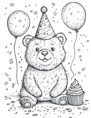 Cute bear celebrating birthday, balloons, confetti, cupcake