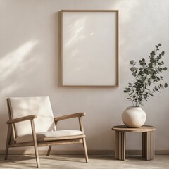 A white chair is sitting in front of a white framed picture. A vase with a plant in it is on a table