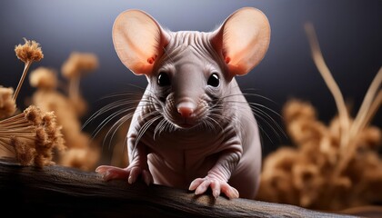 Hairless Mouse in a Minimalistic White Studio, Stark and Curious against the Backdrop of a Vibrant Red Prop, Captivating Viewers with its Unusual Charisma.
