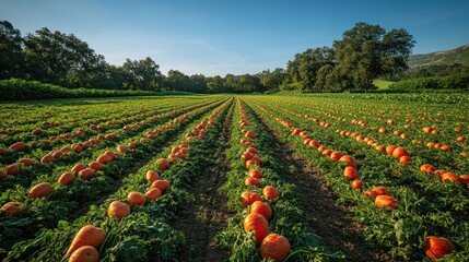 Autumn pumpkin field, rows of orange gourds