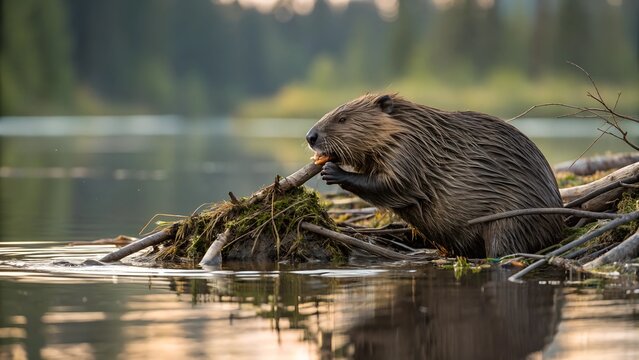 "Photography of a beaver in its natural habitat: close-up of a beaver building a dam on a river or gnawing on wood. Detailed fur, powerful teeth and paws, reflection in the water. Natural lighting.