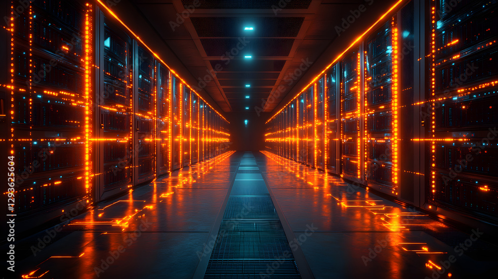 Poster data center: a long corridor in a futuristic data center, illuminated by a network of orange and blu
