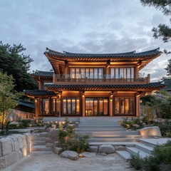 Obraz premium A Beautiful Traditional Korean House with Lit Up Exterior