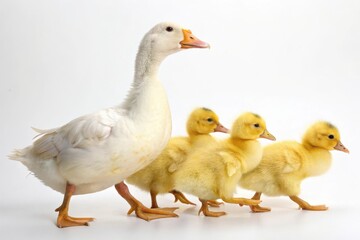 Mother Duck Leading Her Ducklings on a White Background in a Nurturing Scene