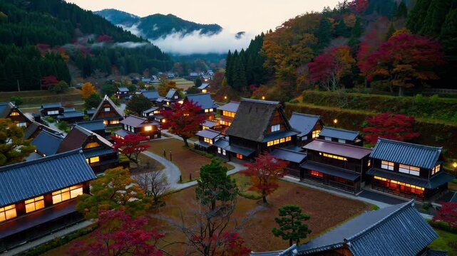 Aerial View of Shirakawa-go in Autumn: A Traditional Japanese Village Amidst Vibrant Foliage