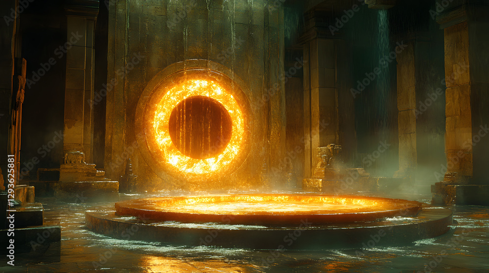 Poster ancient portal: an image of a stone structure with a golden, circular portal at the center, suggesti