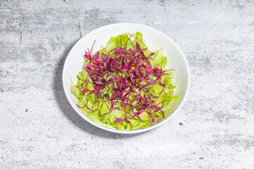 A close-up shot of a bowl filled with green microgreens and red micro herbs, showcasing the freshness and texture of the ingredients.
