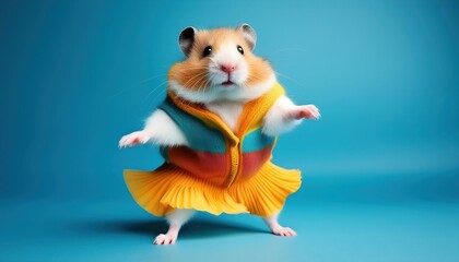 Playful Hamster in Colorful Clothes Dancing on a Vibrant Blue Background Whimsical Mood, Perfect for Digital Art, Home Decor, or Design Inspiration