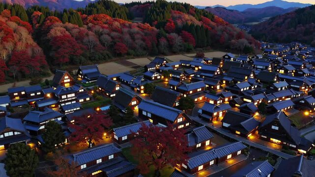 Aerial View of Shirakawa-go in Autumn: A Traditional Japanese Village Amidst Vibrant Foliage