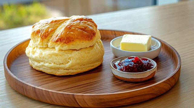 Fresh Scone with Butter and Jam: a tempting shot, A freshly baked scone sits on a wooden tray with a pat of butter and a small dish of rich jam, capturing the simple pleasures of life.