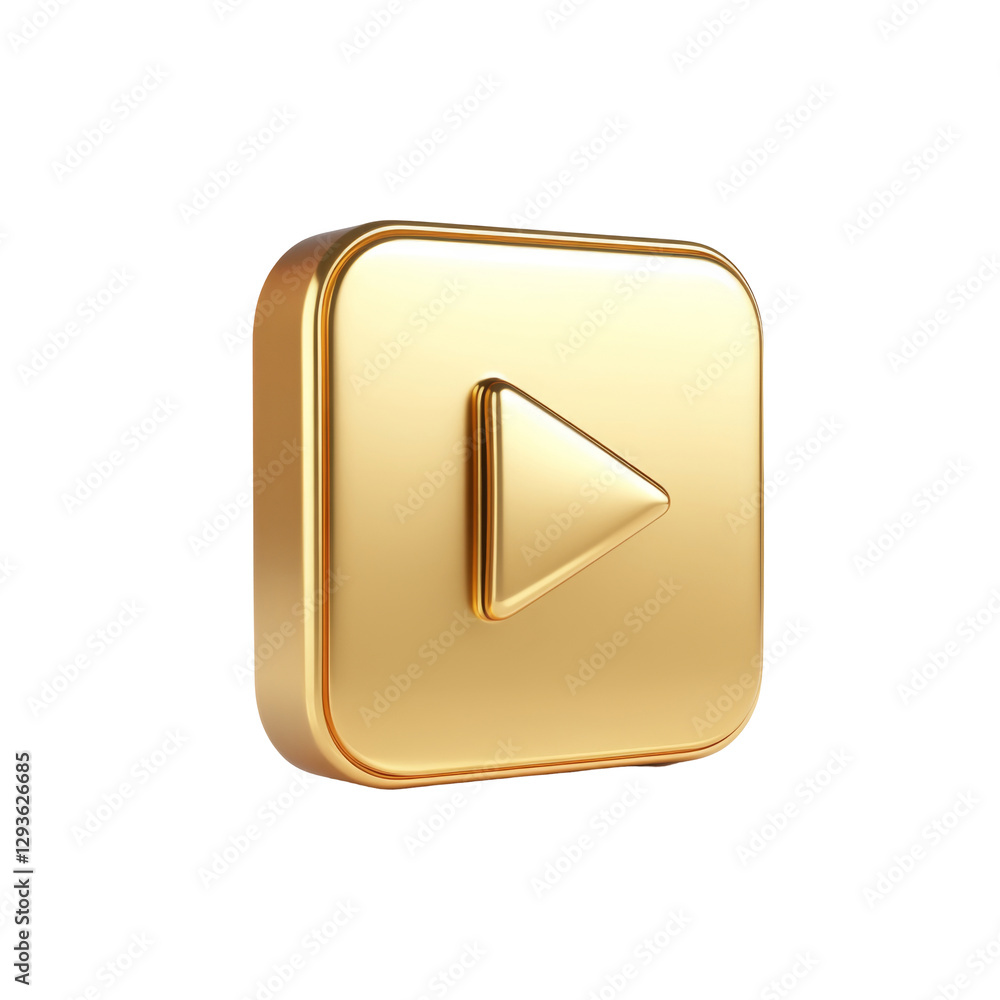 Poster shiny gold play button icon with glossy finish on all visible sides in simple style