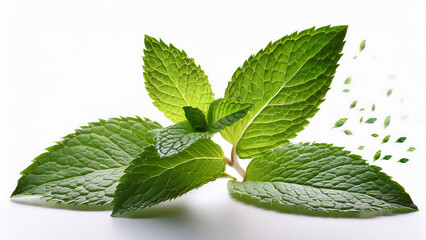 Fototapeta premium beautiful mint leaves falling on white background: Image for cutting or blending