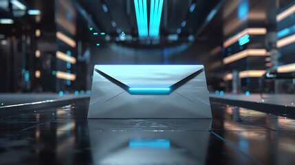 A futuristic, glowing email icon on a digital screen.