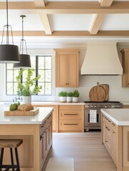 Fototapeta premium The modern kitchen showcases natural wood cabinetry and its interior