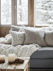 Knitted grey pillows and a blanket on a sofa