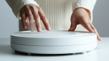 Modern Home Appliance User Interacting with Innovative Robotic Device on White Table Setting with Soft Lighting and Minimalist Background