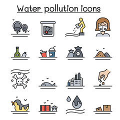 Water pollution icon set in thin line style