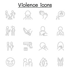Violence, human trafficking, abuse, sexual harassment icon set in thin line style