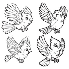 High-Quality Cute Cartoonic Cardinal Flying Pose Outline Vector Illustrations