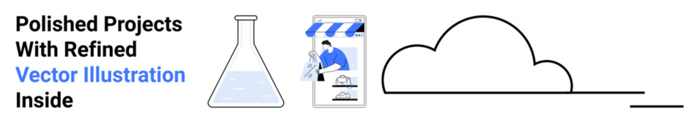 Laboratory flask with liquid, storefront icon, and cloud graphic representing science, e-commerce, and technology. Ideal for innovation, research, digital solutions, commerce development cloud