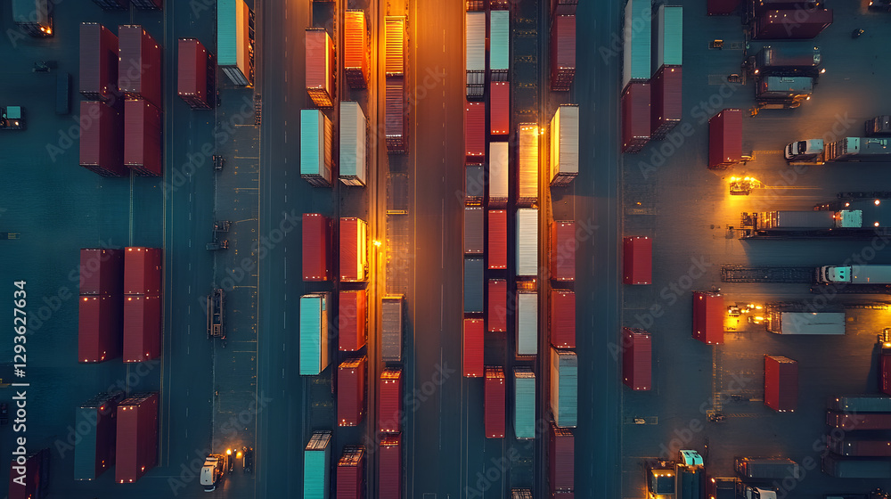 Poster global trade hub: an overhead view captures the organized complexity of a cargo port at night, with 