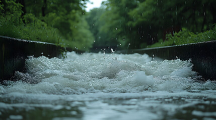 Cascade of Nature: A turbulent cascade of water surges forcefully down a channel, creating a dynamic display of natural power, framed by lush green vegetation.