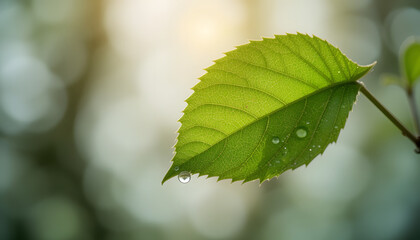 close up of green leaf in the morning. Copy space background. Simple green leaf