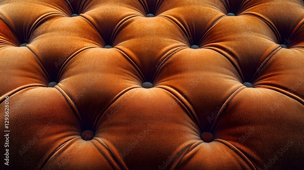 Poster close-up view of luxurious amber velvet upholstery with intricate button-tufting details. rich textu