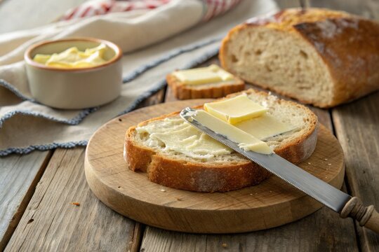 Rustic Bread and Butter on Wooden Table &ndash; A Cozy Breakfast Setting