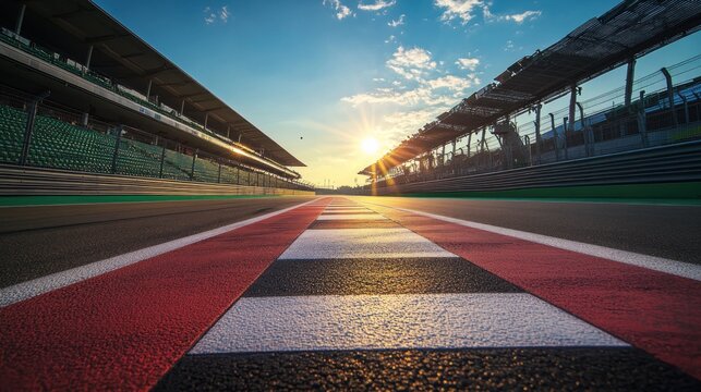 Sunset at the Yas Marina Circuit: A breathtaking view of the Formula 1 racetrack during golden hour.