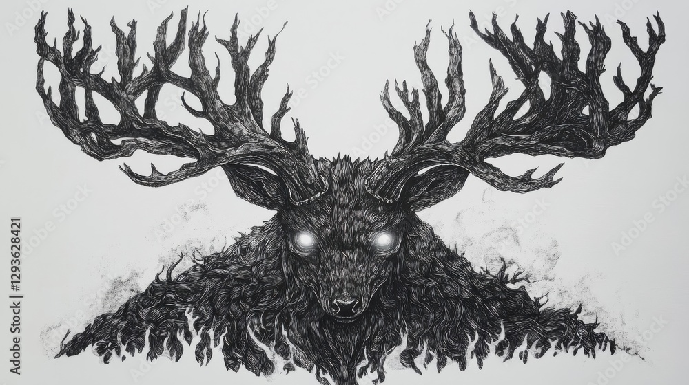 Poster a haunting depiction of a creature with antlerlike branching structures