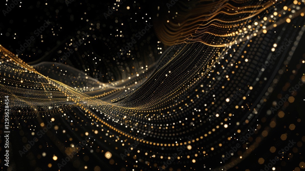 Poster This abstract background features flowing lines and sparkling points in a dark space, creating an elegant and modern visual. Perfect for design projects.