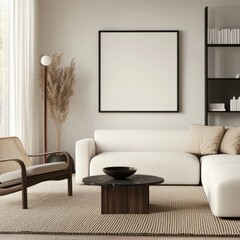 A cozy living room with a white couch and a black coffee table. A wooden chair is placed in the room, and a bowl is on the coffee table. A potted plant is situated near the couch