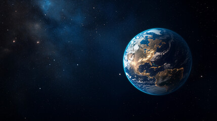 Fototapeta premium Illuminated Earth with city lights floating in starry space