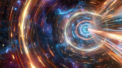 Obraz premium Abstract of line glowing vivid light with fractal style effect. Futuristic style vortex or portal scene with vividness of seamless pattern in space. Spiral on universe scene perfect for design. AIG53.