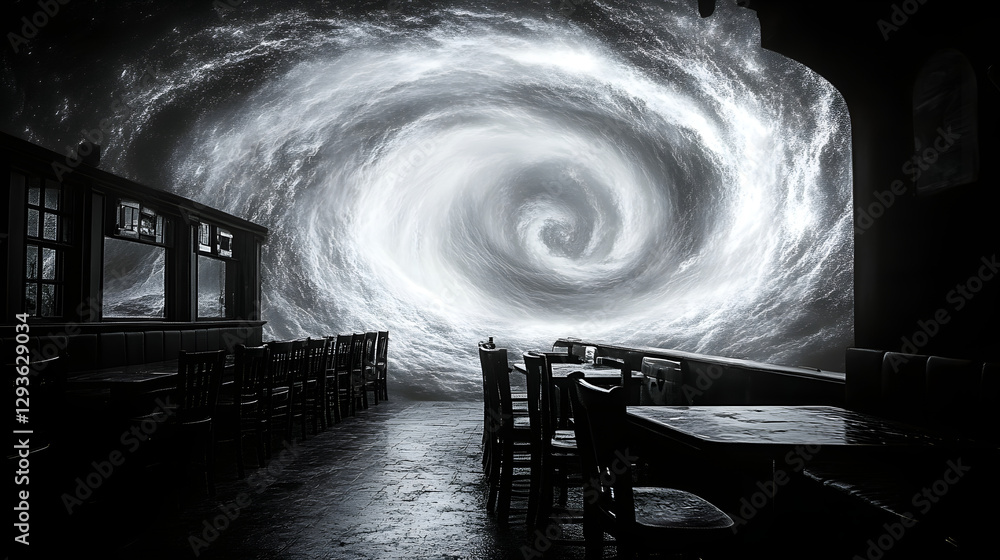 Poster ephemeral vortex: an uncanny interior perspective featuring the captivating visual of an ethereal vo