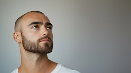 Obraz premium Man gazing thoughtfully to the side, showcasing strong features and a well-groomed beard in neutral lighting. Generative AI