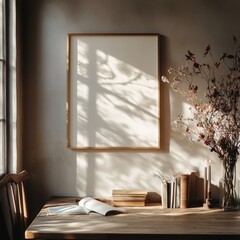 A framed white picture is on a table next to a vase of flowers. There are several books on the table