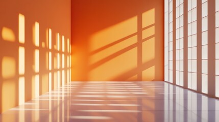 Modern Orange Room with Sunlight and Shadows. Interior Design.  Possible Use Stock Photo